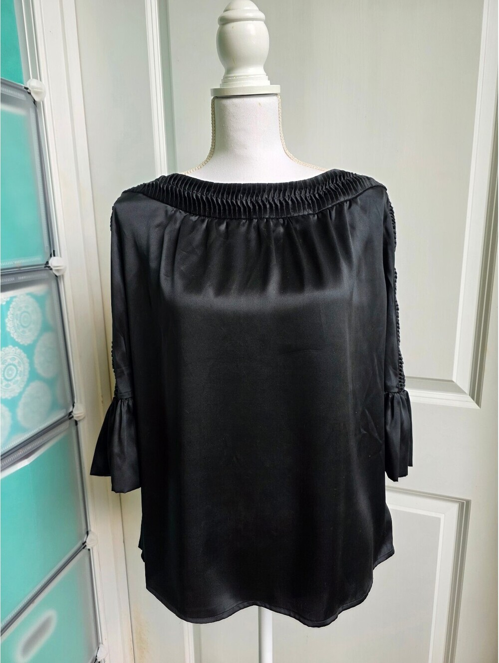 HERA Black Satin Blouse with Pleated Neckline and Sleeves, Size M VINTAGE